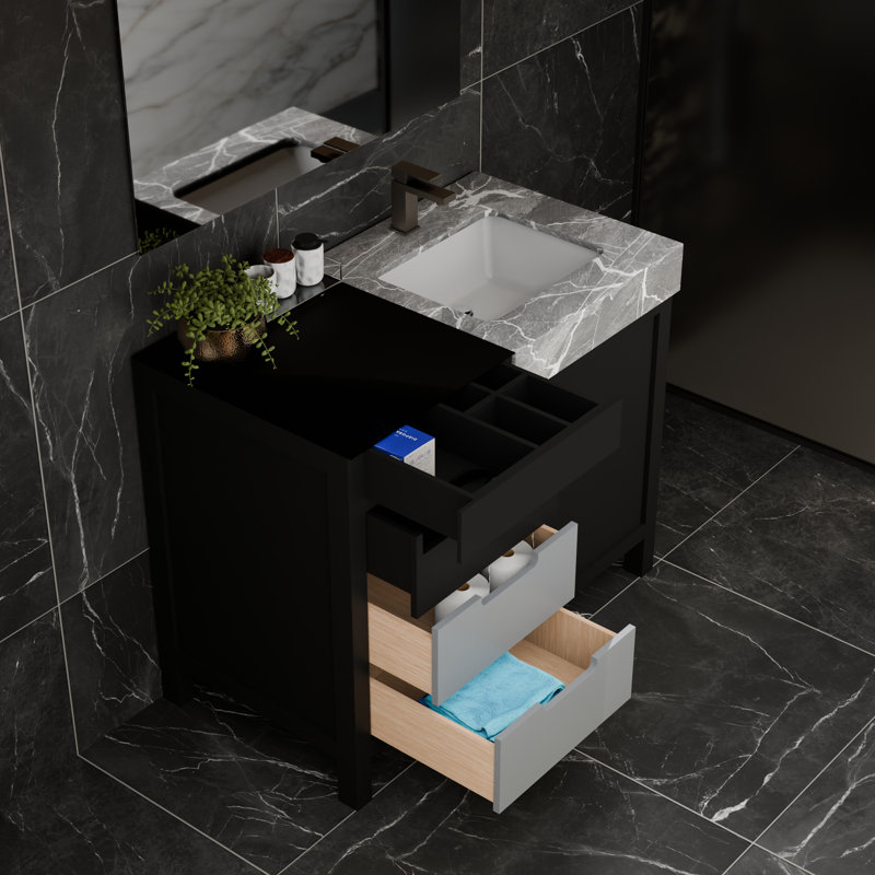 Armoire de salle de bain 42 po Lexora Zilara en noir et gris avec plateau et miroir