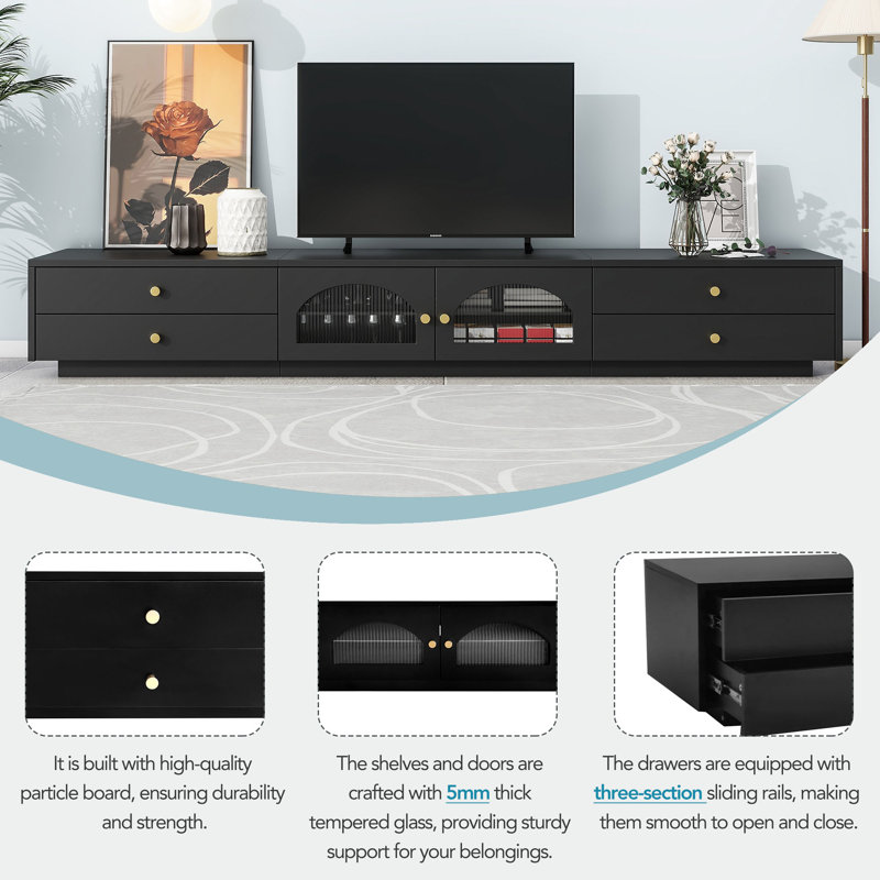 Meuble télé élégant avec portes en verre cannelé Roomfitter, Noir