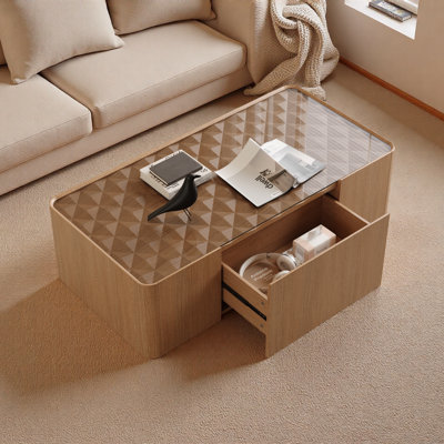 Table basse moderne moderne avec tiroirs de rangement, plateau en verre et base flottante