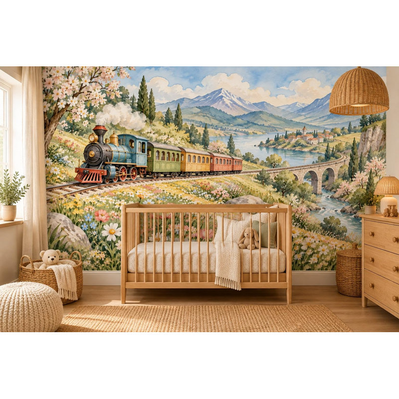Flower Meadow Train Wallpaper Mural, Peel and Stick Kids Room Wall Mural, Watercolor Steam Train Nursery Wallpaper