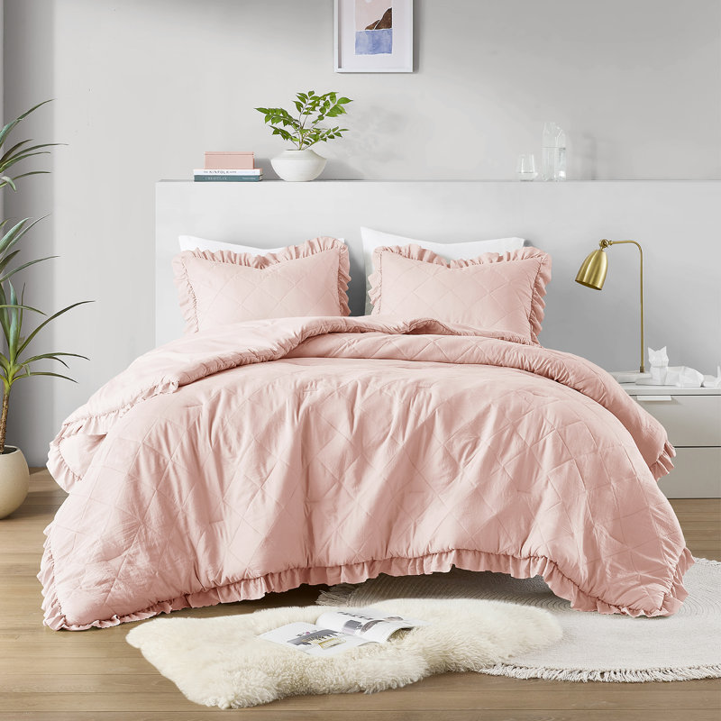 Phoebe Blush Diamond Quilted Ruffle Edge 3-Piece King/Cal King Comforter Set, Blush, King / Cal King Comforter + 2 King Shams