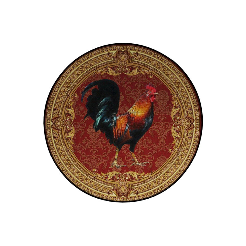Burdy Theme Rooster Patterned Round Woven Base Vintage Decorative Carpet, Round 2'8"