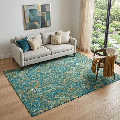 Tapis bleu sarcelle lavable 5 pi x 8 pi vert et doré avec protection UV