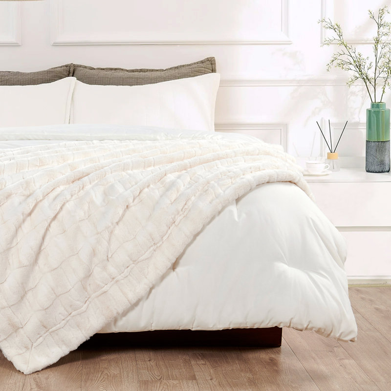 Jeté élégant en fausse fourrure, Blanc / Blanc, L 60 po x L 70 po
