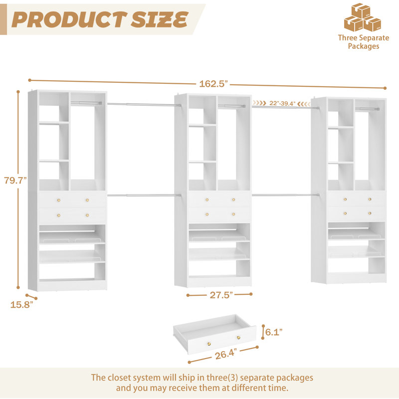 Closet System With Hanging Rods, Shoe Storage And Wood Drawers, White
