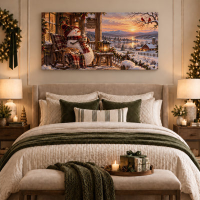 Snowman and Cat on Porch at Golden Sunset Christmas Canvas Wall Art