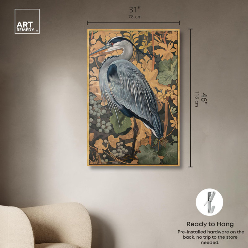 «Heron’s Blue Serenade», toile Maximalist par Art Remedy, H 46 po x l 31 po, Cadre flottant doré