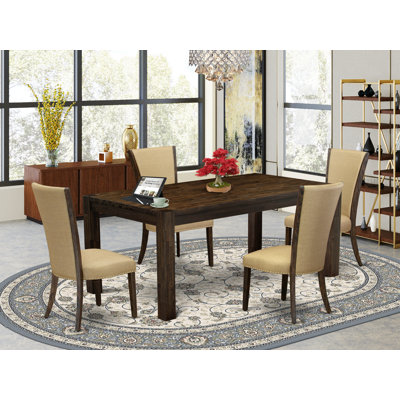 5 Piece Dinette Set Includes a Rectangle Rustic Wood Dining Room Table and 4 Brown Linen Fabric Upholstered Parson Chairs, Distressed Jacobean