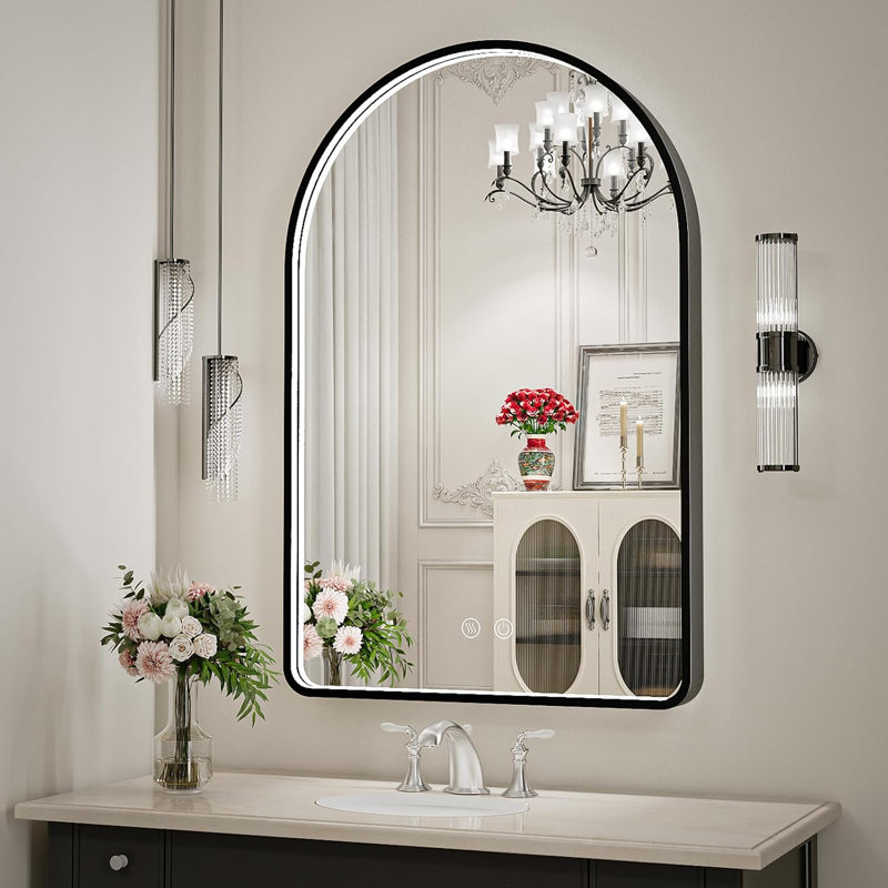 Miroir arqué 24 po x 36 po à DEL avec cadre noir pour salle de bain avec lumières