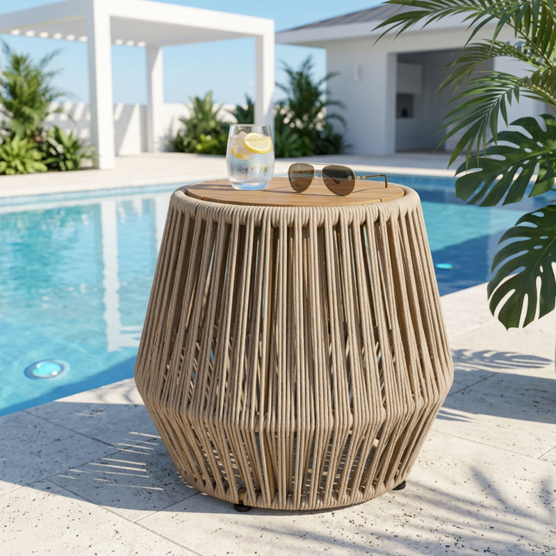 Table d'appoint ronde en bois naturel avec base en corde tissée à la main, décor polyvalent et durable résistant aux intempéries