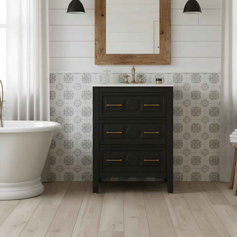 Ceramic Sink Set, Freestanding Single Vanity Unit, Black