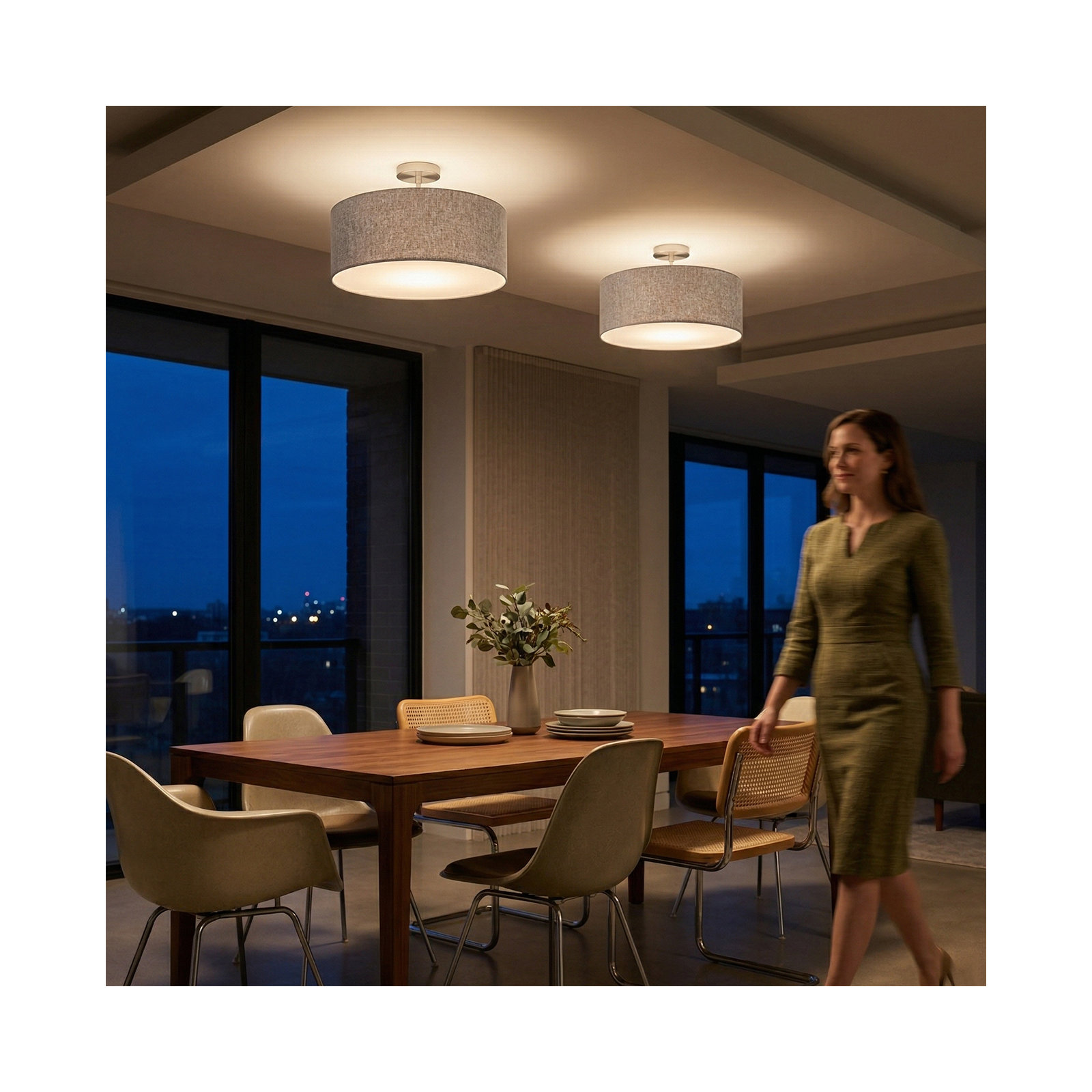Stretch Semi Flush Mount, 22" White Linen Drum Shade, Satin Nickel, Dimmable, Cashmere Gray