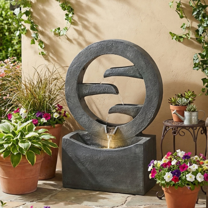 Fontaine circulaire en polyrésine pour l'extérieur H 26,77 po avec lumière DEL