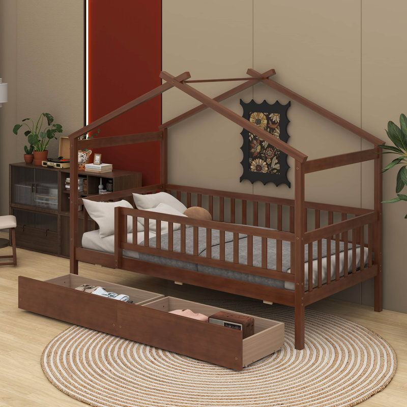 Lit en bois avec deux tiroirs, Noyer, Simple