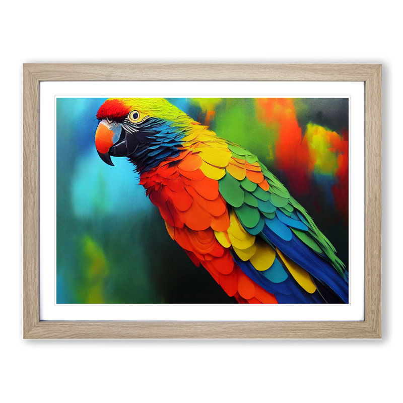 Colourful Parrot Portrait Vol.1 - Single Picture Frame Painting, 25cm H x 34cm W x 2cm D, Oak Framed