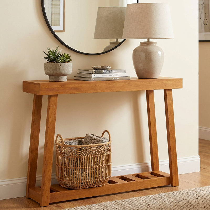 Caomhan Modern Console Table With Slatted Storage Shelf, Amber Walnut