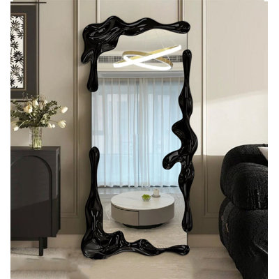 French Minimalist Black Irregular-Edge Wooden Art Full-Length Mirror