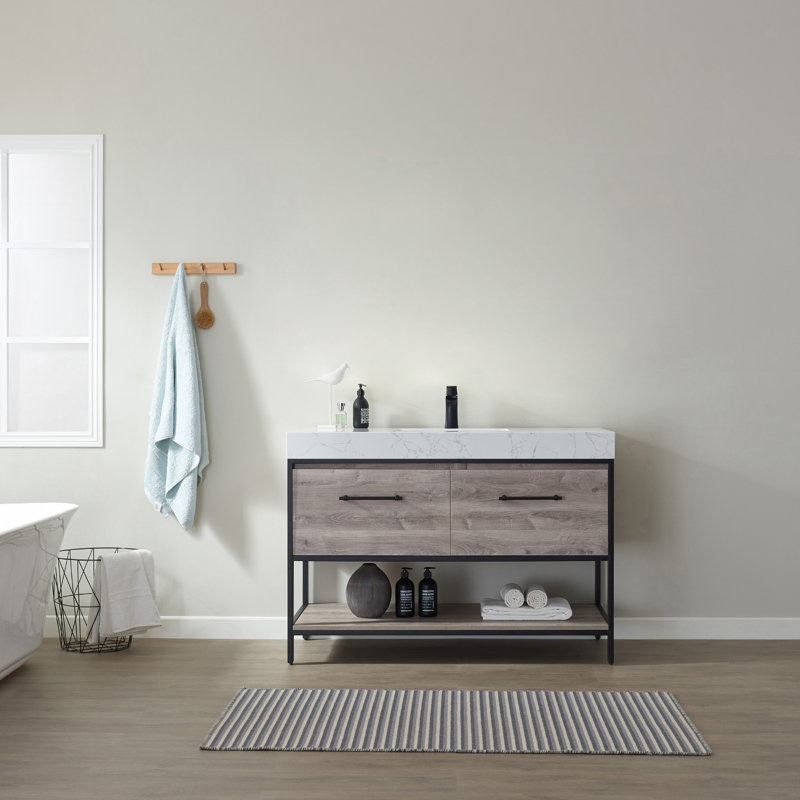 Ensemble de meuble-lavabo simple 48 po Bernasia, Marbre blanc, Chêne mexicain / noir
