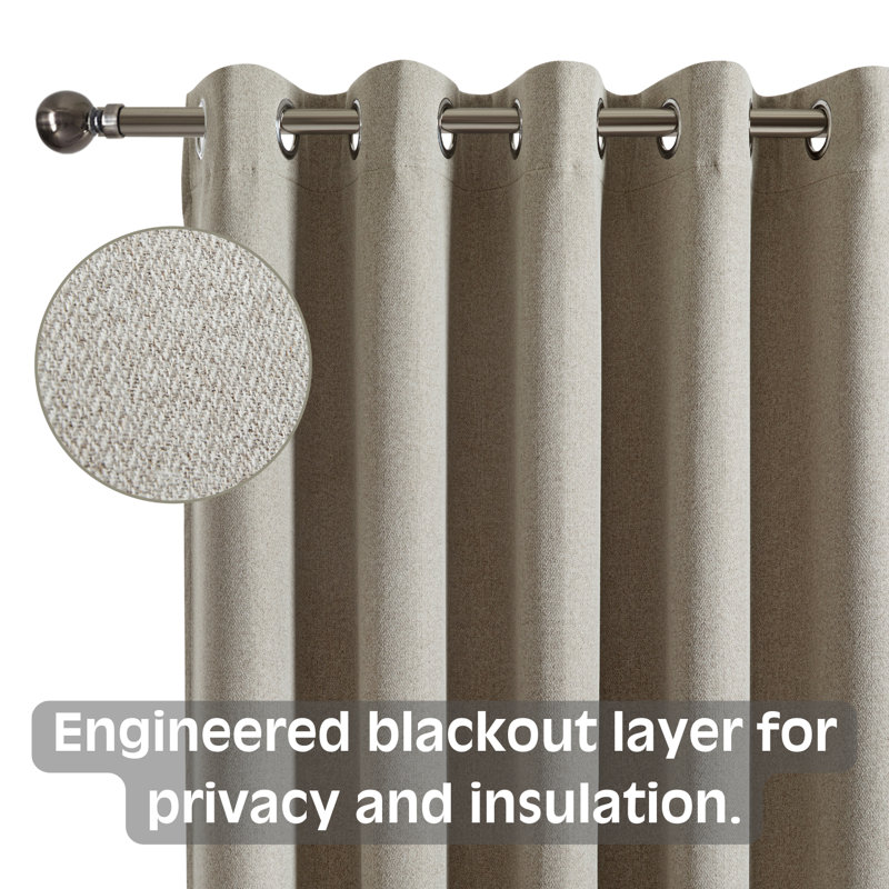 Linen Blackout Eyelet Curtains - Thermal Insulated Room Darkening Window Panels, Mink, 168cm Width x 183 cm Drop