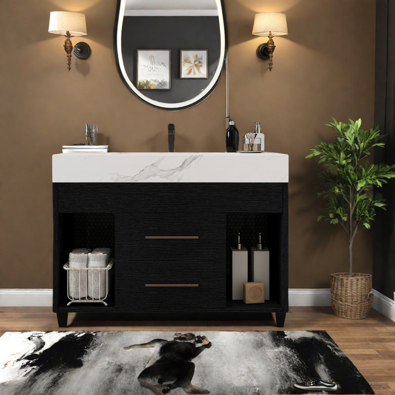 Meuble-lavabo moderne et peu encombrant avec lavabo en céramique, design noir et blanc pour petits espaces