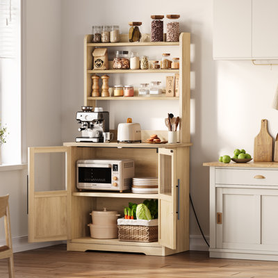 Étagère de boulanger de ferme avec station de charge et armoire de porte en verre, huche à café en bois rustique, support à micro-ondes avec 3 tablettes ouvertes pour la cuisine, le salon, la salle à manger, naturel