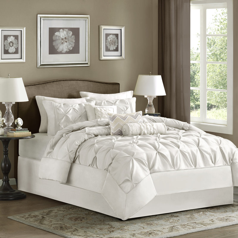 Laurel 7 Piece Tufted Comforter Set, Taupe, Queen Comforter + 1 Bed Skirt + 2 Shams + 3 Decora