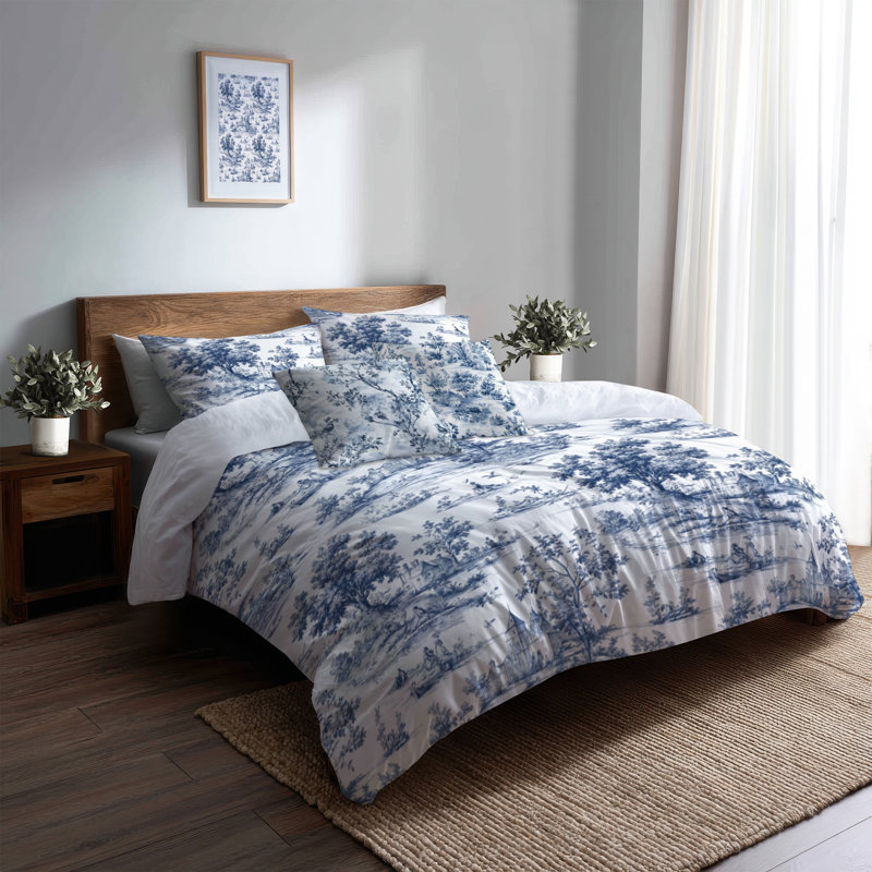 French Country Bedding Set Of 5 - Blue Classic Toile Duvet Cover And Throw Pillow Set, King Duvet Cover + 4 Additional Pieces