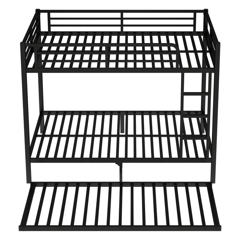 Lit superposé en métal noir sur lit double avec lit gigogne simple, peu encombrant, réduit le bruit, 2 échelles latérales, rangement sous le lit, pas de sommier nécessaire