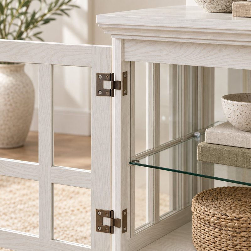 Vitrine blanche antique avec portes vitrées, éclairage DEL et tablettes ajustables