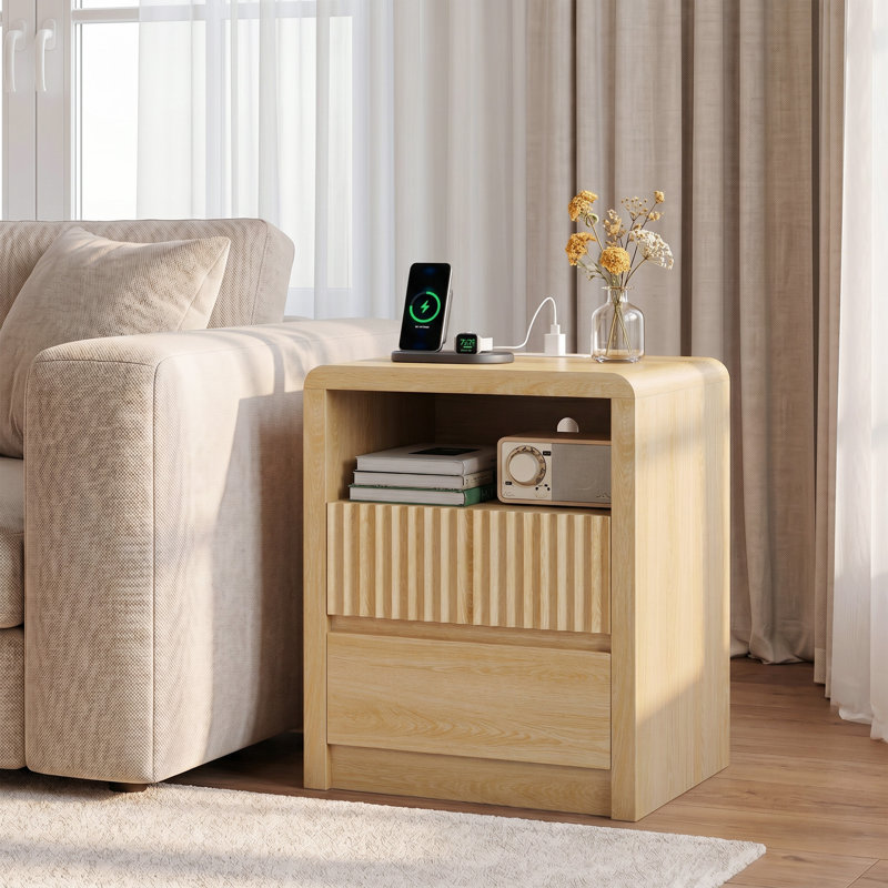 Table de chevet moderne en bois pour chambre à coucher avec station de charge, table de bout à 2 tiroirs l 19,7 po pour le salon