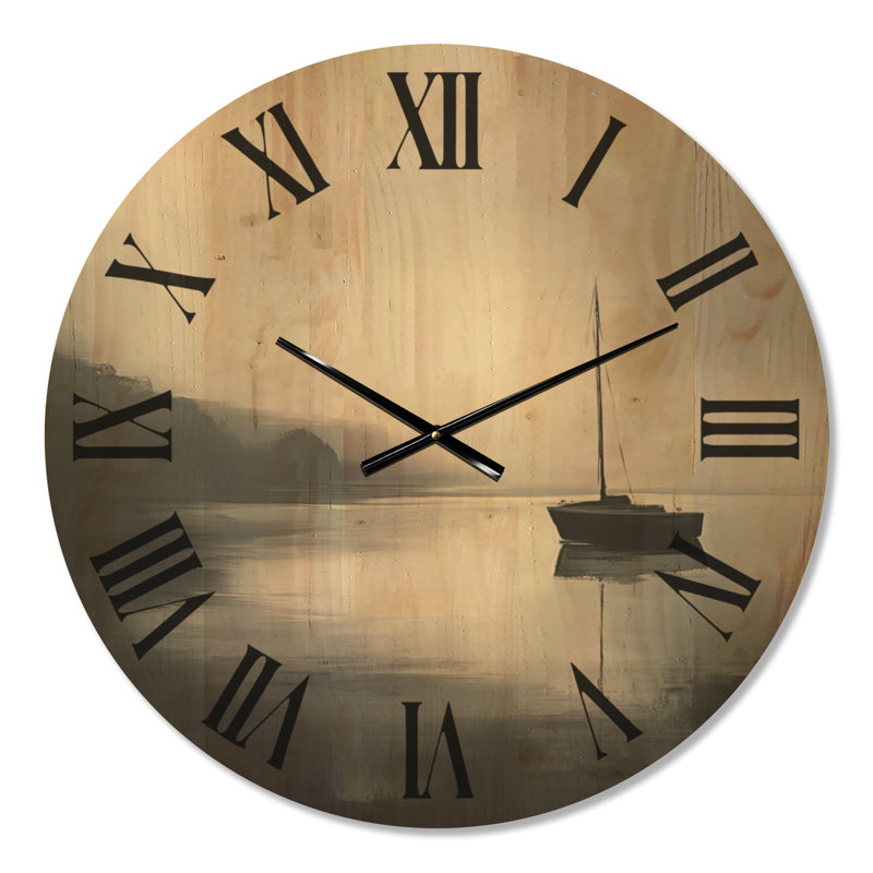 Horloge murale ronde Silent Harbor Sail - Grise, style nautique, imprimée sur bois, Grand