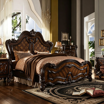 European-style vintage brown solid wood King Bed