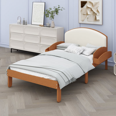 Base de lit plateforme avec tête de lit courbée et rembourrée, pieds arqués et rangement latéral pour les chambres à coucher modernes