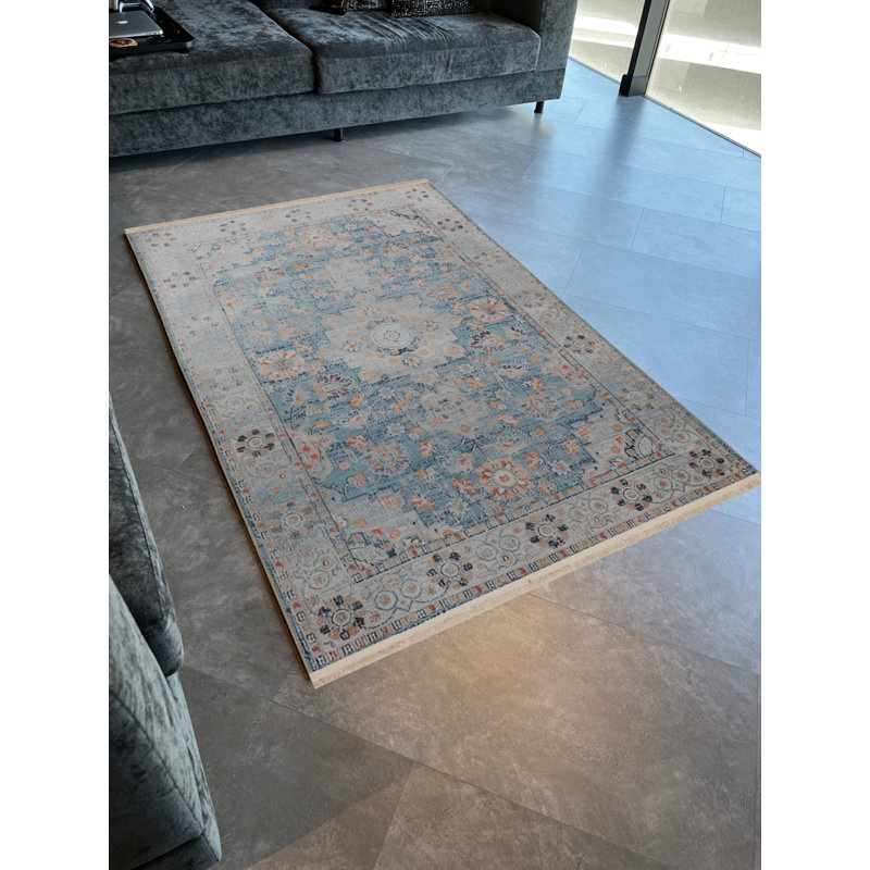 Tapis oriental bleu / gris en polypropylène tissé à la machine Roshina, Tapis de couloir 2 pi 7 po x 6 pi 7 po