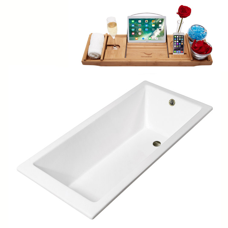 67" Streamline Drop-In Soaking Cast Iron Bathtub With Bamboo Tray