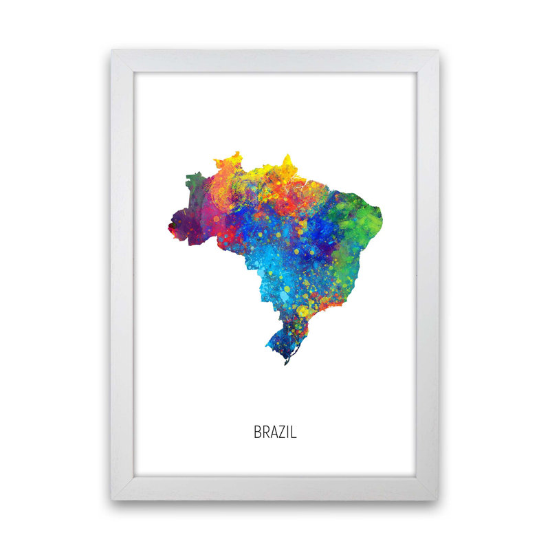 Brazil Watercolour Map by Michael Tompsett - Print, White Framed, 63cm H x 46cm W x 3cm D