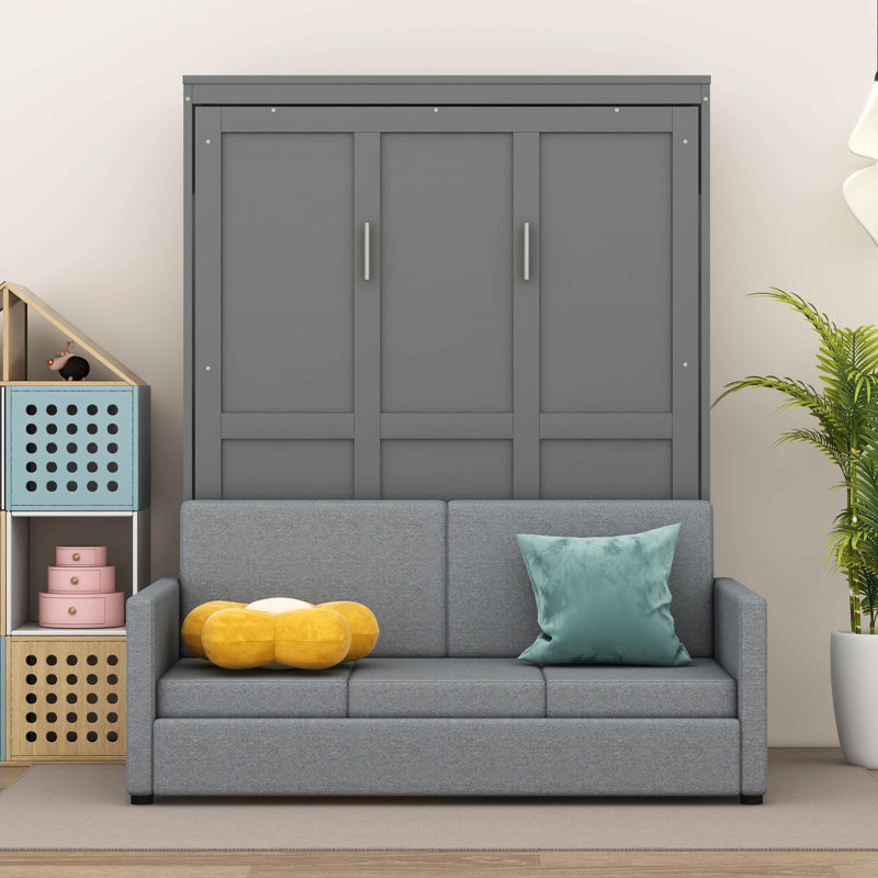 Lit escamotable double pleine grandeur avec coussin, Gris