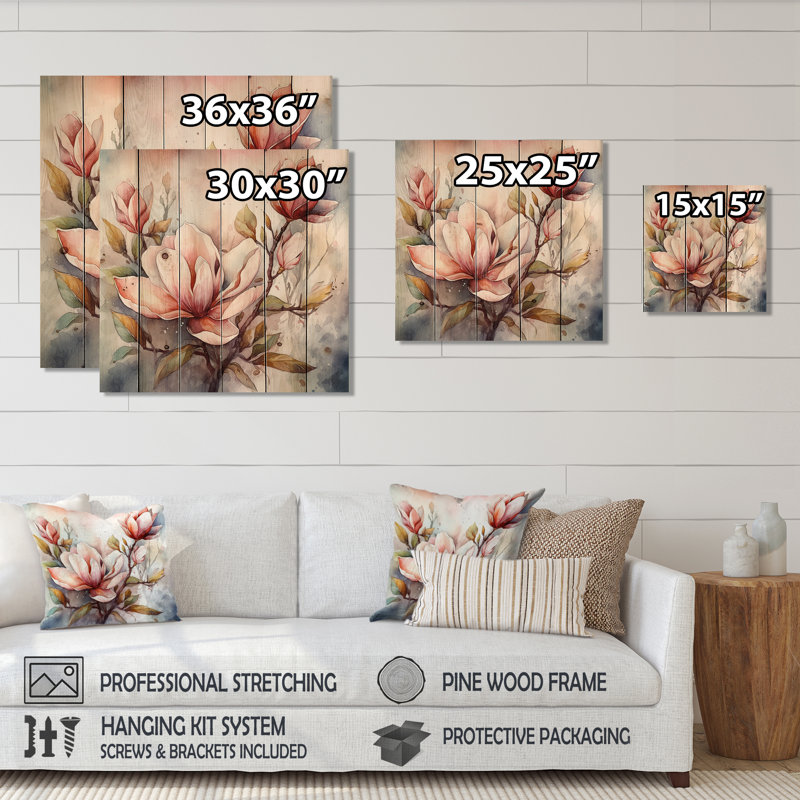 Symphonie de magnolia rouge - impression de magnolias floraux sur bois de pin naturel, H 15 po x l 15 po x P 0,78 po