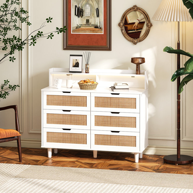 6-Drawers Rattan Storage Cabinet with LED Lights and Power Outlets for Modern Bedroom and Living Room, White/Natural 3