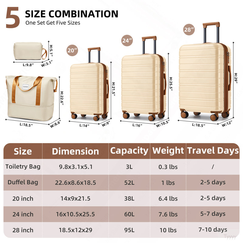 Ensembles de bagages 5 pièces avec sacs de voyage, valises rigides extensibles avec roulettes, crème