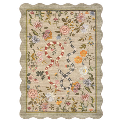 Scalloped Farmhouse Floral and Snake Area Rug for Playroom, Nursery Living Room and Bedroom
