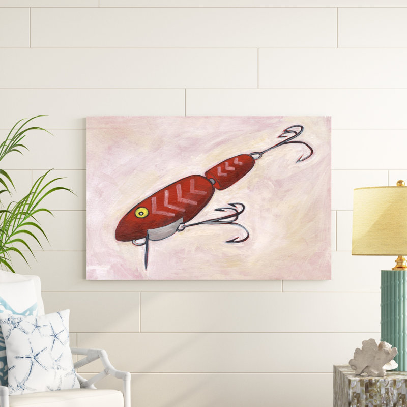 «Retro Fishing Lure VI» par Regina Moore - peinture sur toile tendue, H 32 po x l 48 po
