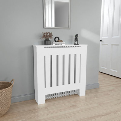 Radiator Cover Cabinet With Slatted Panel, Modern Home Furniture For Heating Units, Ventilated Decorative Enclosure, White