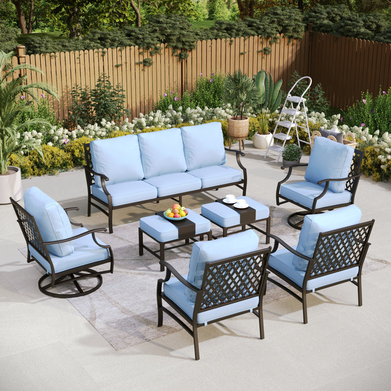 Ensemble de conversation de patio pour 9 personnes avec 2 fauteuils pivotants Akadian, Non, Coussin Pro Blue Performance