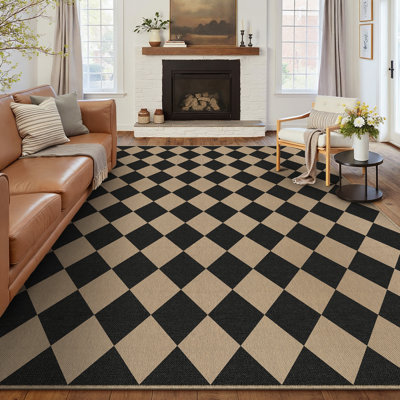 Tapis intérieur / extérieur en lin à motif de losanges lavables avec envers antidérapant Amelia, noir / brun