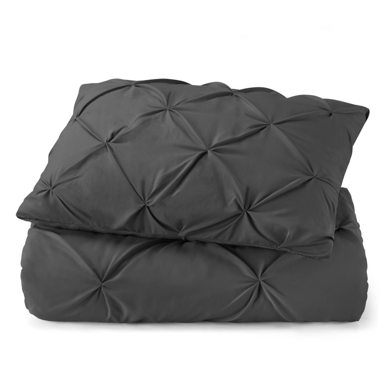 Double Brushed Pleated Duvet Cover Set, Stone Gray, Twin Duvet Cover + 1 Standard Pillowcase