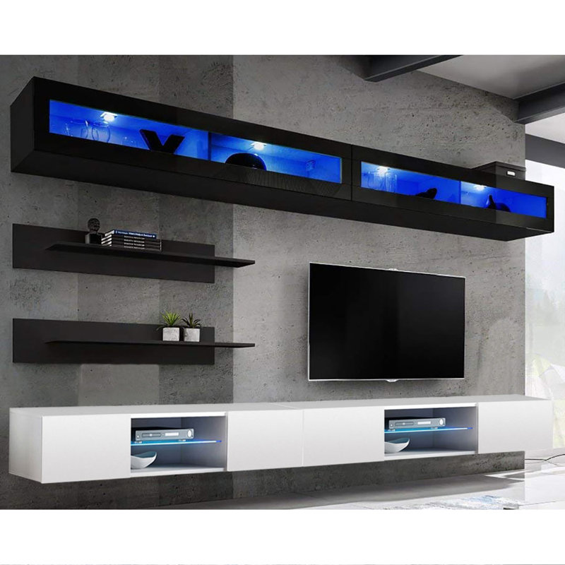 Leveille 126" Modern Floating Wall Mounted Entertainment Center with 16-Color LED Lighting, High Gloss Finish, Black/White