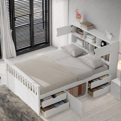 Full Size Captain Platform Bed With Storage Bookcases And Shelves, Four Drawers