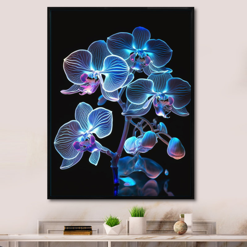 «Blooming Orchid in Fluorescent Mauve and Blue III», reproduction sur toile, L 12 po x H 20 po, Cadre flottant noir