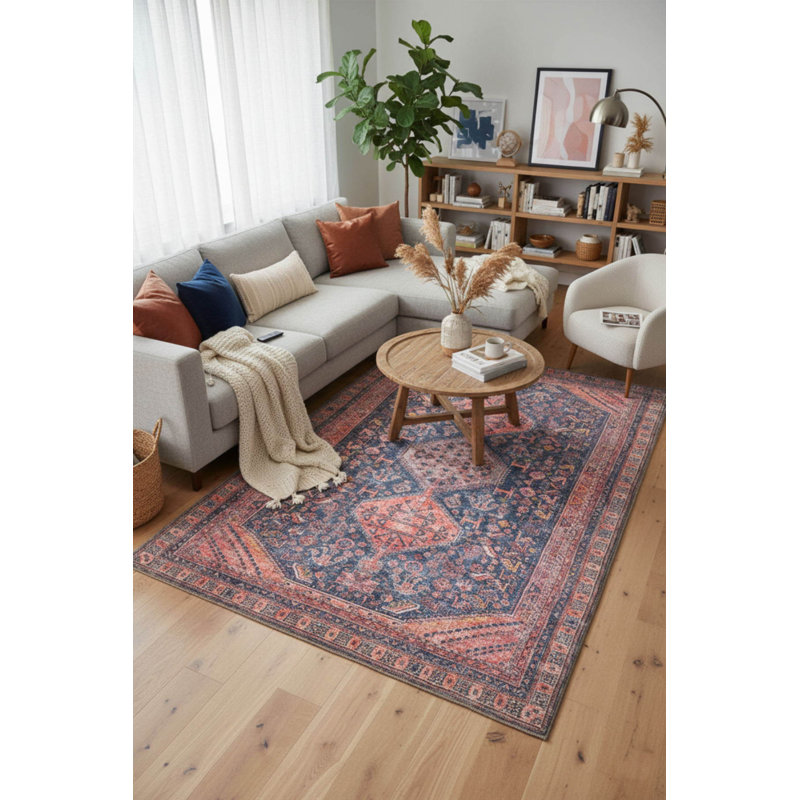 Tapis bleu marine à motif vintage rétro, Tapis de couloir 2 pi 6 po x 7 pi 7 po